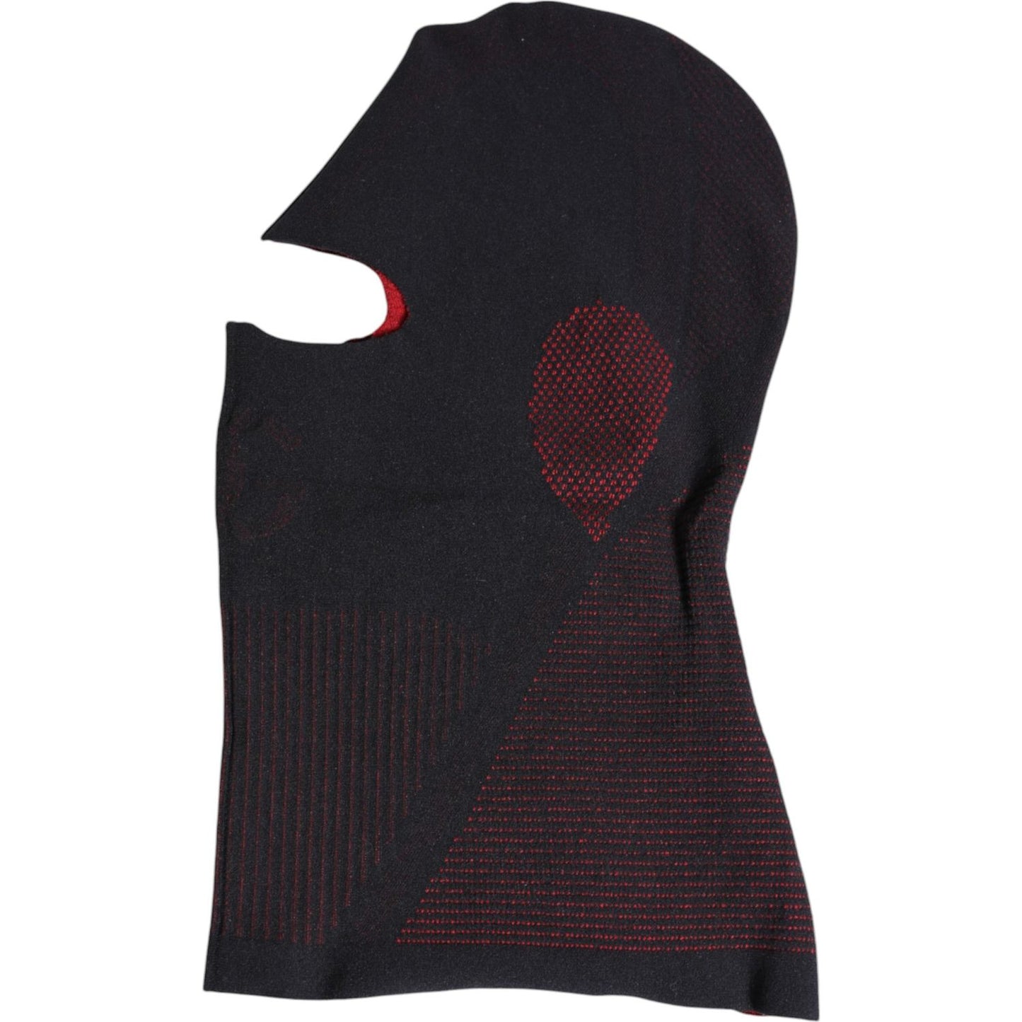 Dolce & Gabbana black cotton knit ski mask balaclava, featuring red accents and logo details. Made in Italy, luxury fashion accessory.