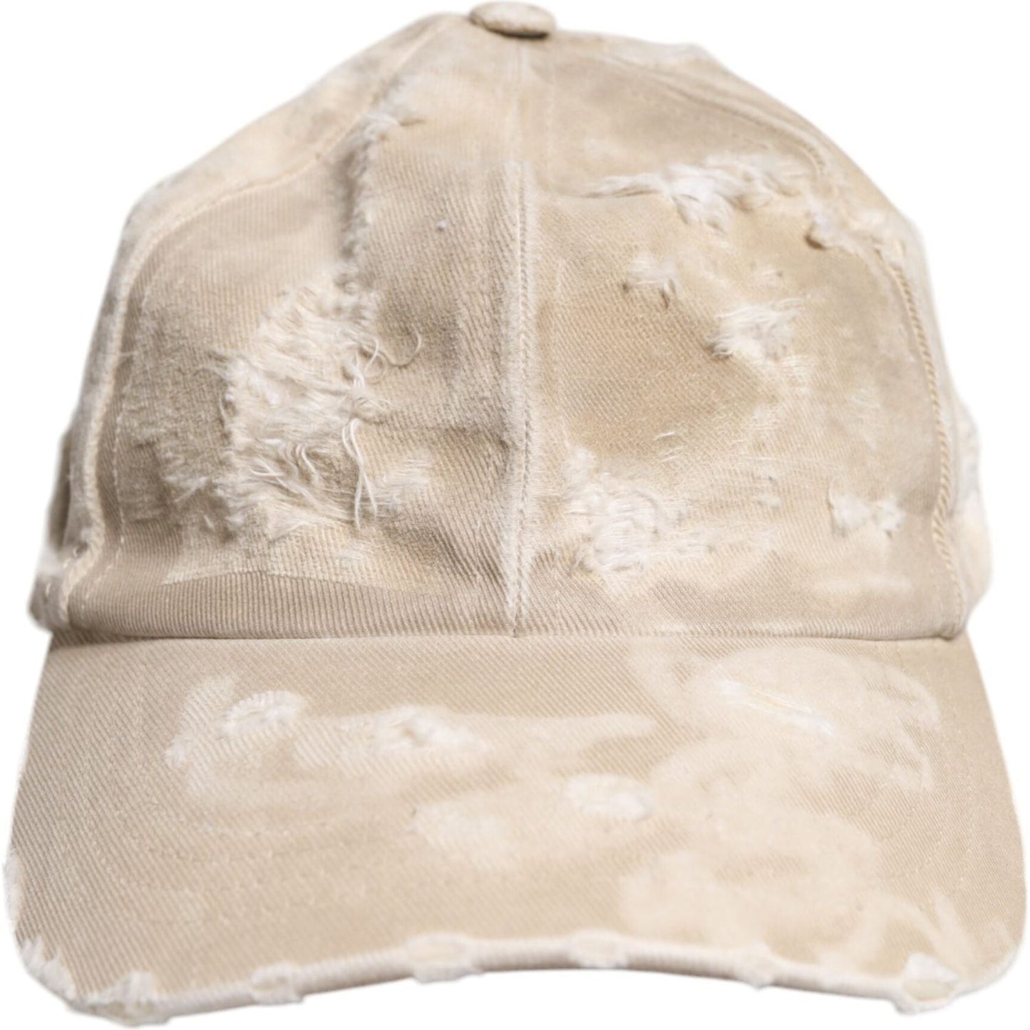 Dolce & Gabbana beige tattered cotton baseball cap with 6 panels and logo detail; stylish and authentic made in Italy cap.
