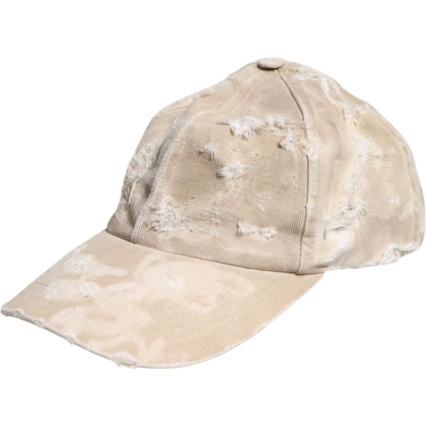 Dolce & Gabbana beige tattered cotton baseball cap, 6-panel design, made in Italy, authentic men's accessory with logo details.