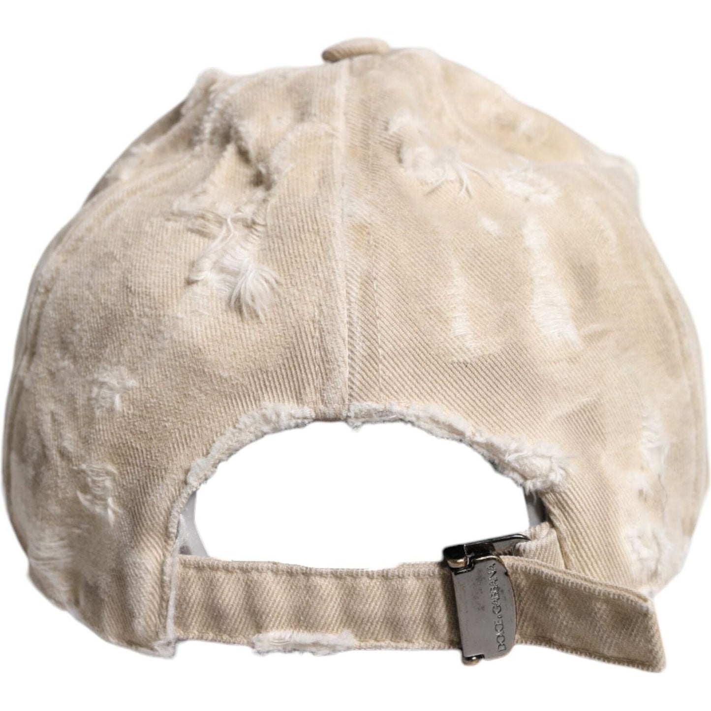 Back view of Dolce & Gabbana beige tattered cotton baseball cap with adjustable strap and logo, showcasing distressed detailing.
