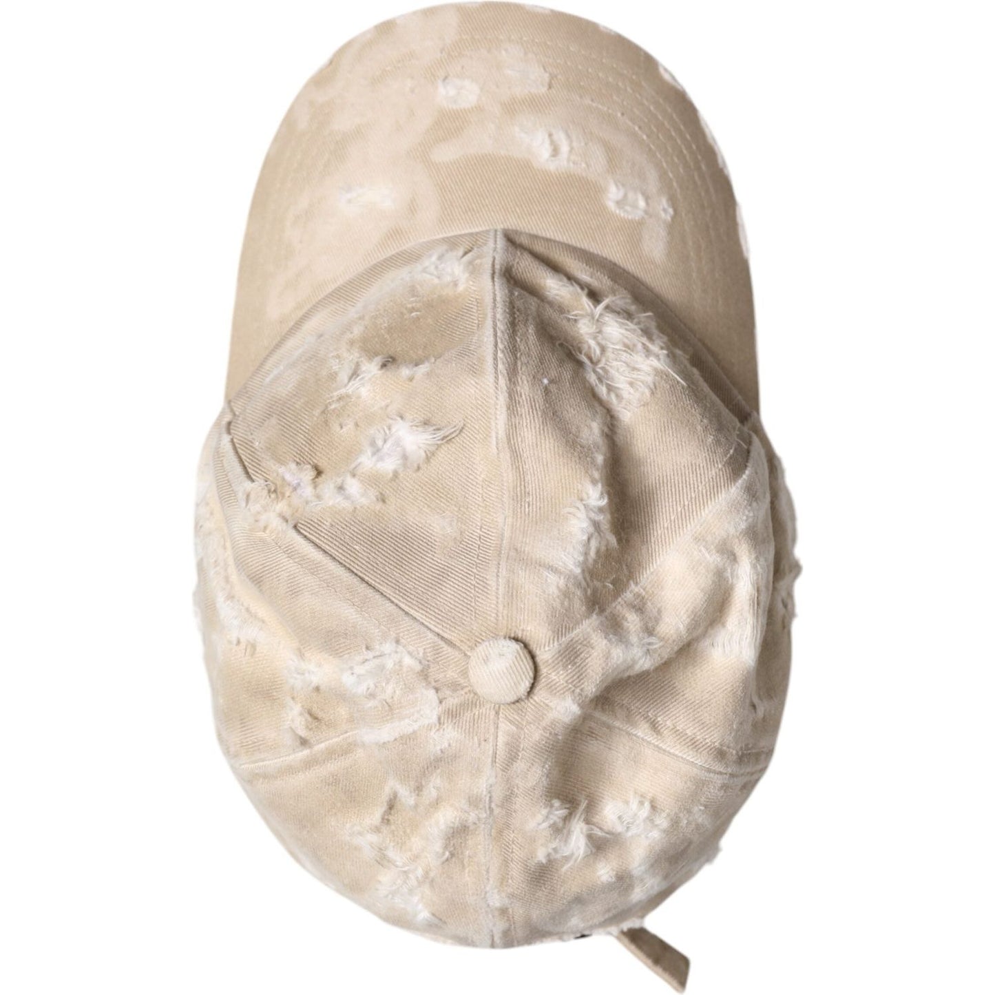 Dolce & Gabbana beige tattered baseball cap, 100% cotton, logo details, made in Italy, top view.