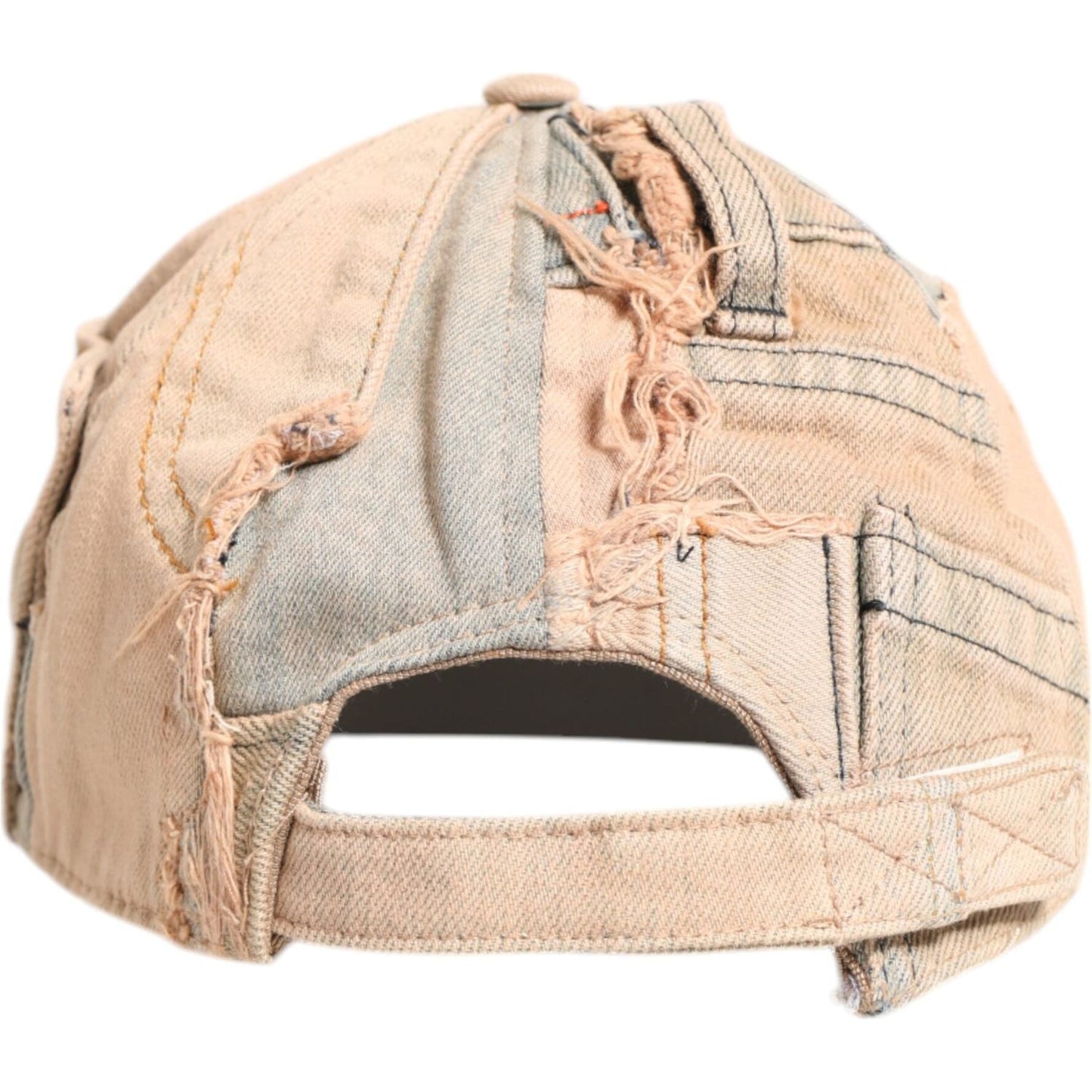 Dolce & Gabbana beige tattered cotton baseball cap with 6 panels, logo details, adjustable strap, and distressed design, back view.