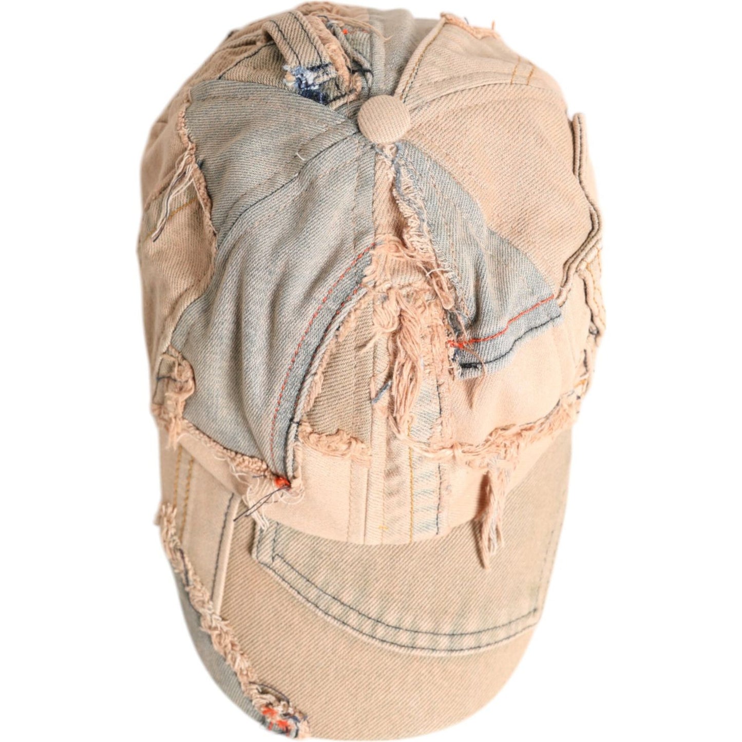 Dolce & Gabbana beige tattered cotton baseball cap with 6 panels, featuring a distressed design and logo details, made in Italy.