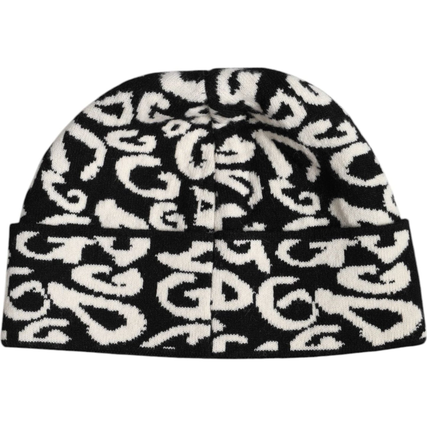 Dolce & Gabbana black and white wool beanie hat with DG logo print, crafted from virgin wool and cashmere, perfect for winter wear.