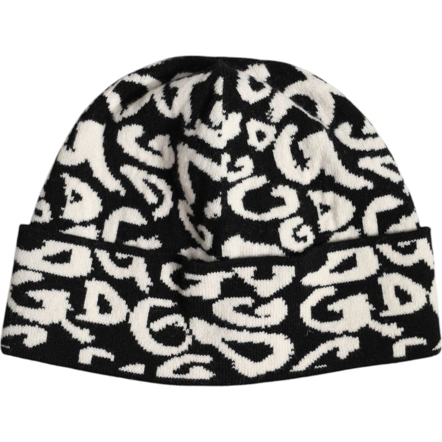 Dolce & Gabbana black and white knitted beanie hat with DG logo, made from virgin wool and cashmere blend.