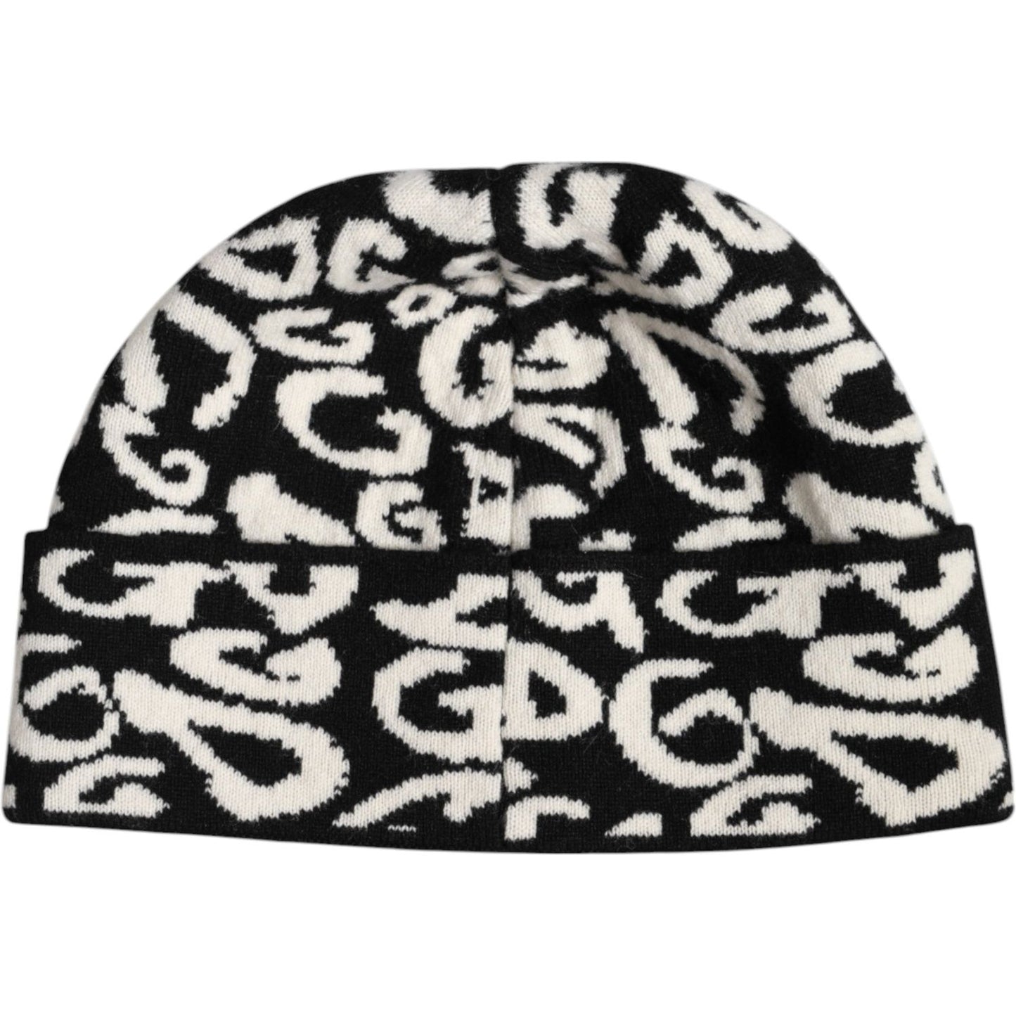 Dolce & Gabbana black and white wool knit beanie with DG logo, made in Italy, 70% virgin wool, 30% cashmere.