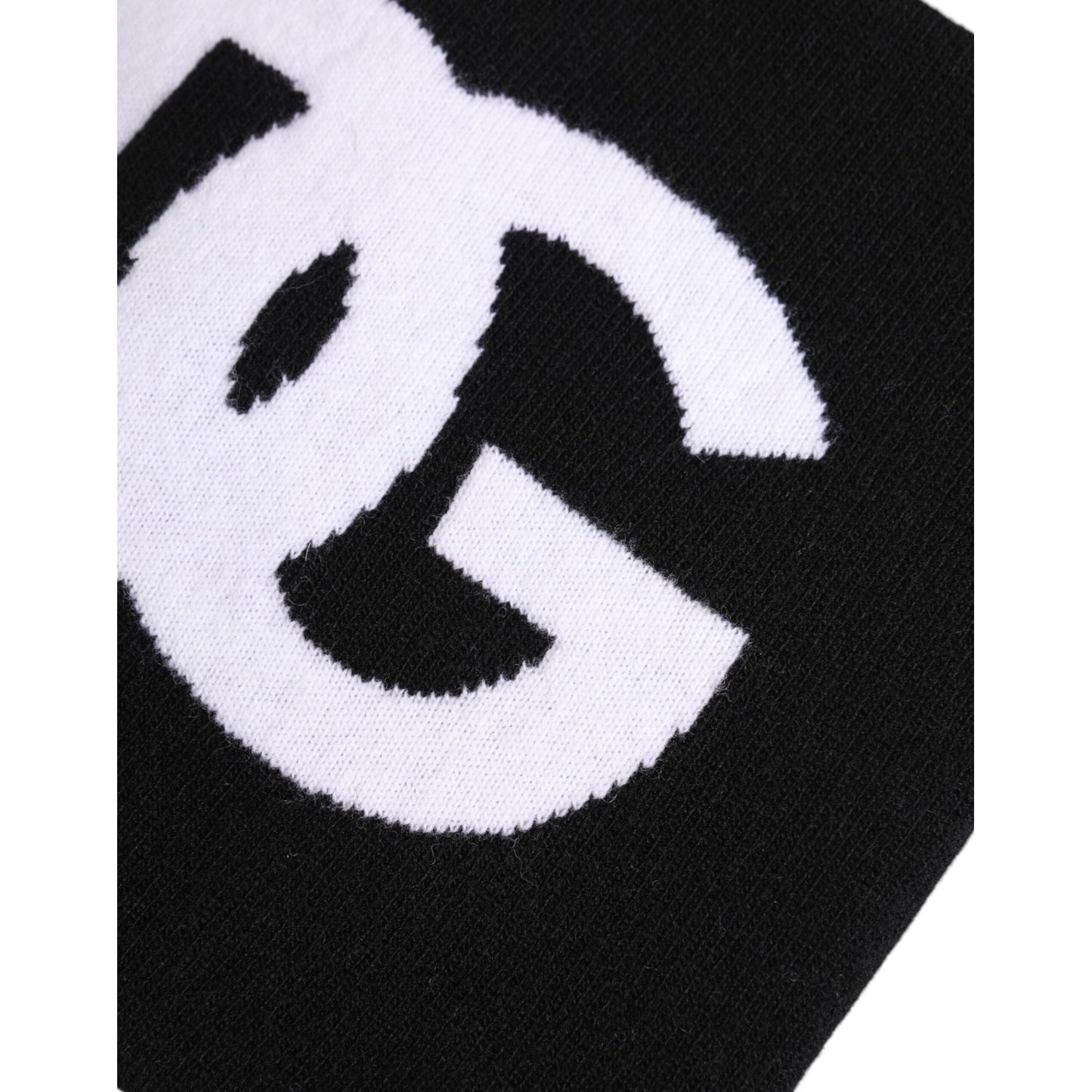Dolce & Gabbana black white logo print close-up on knitted neck warmer scarf made of virgin wool, nylon, elastane.