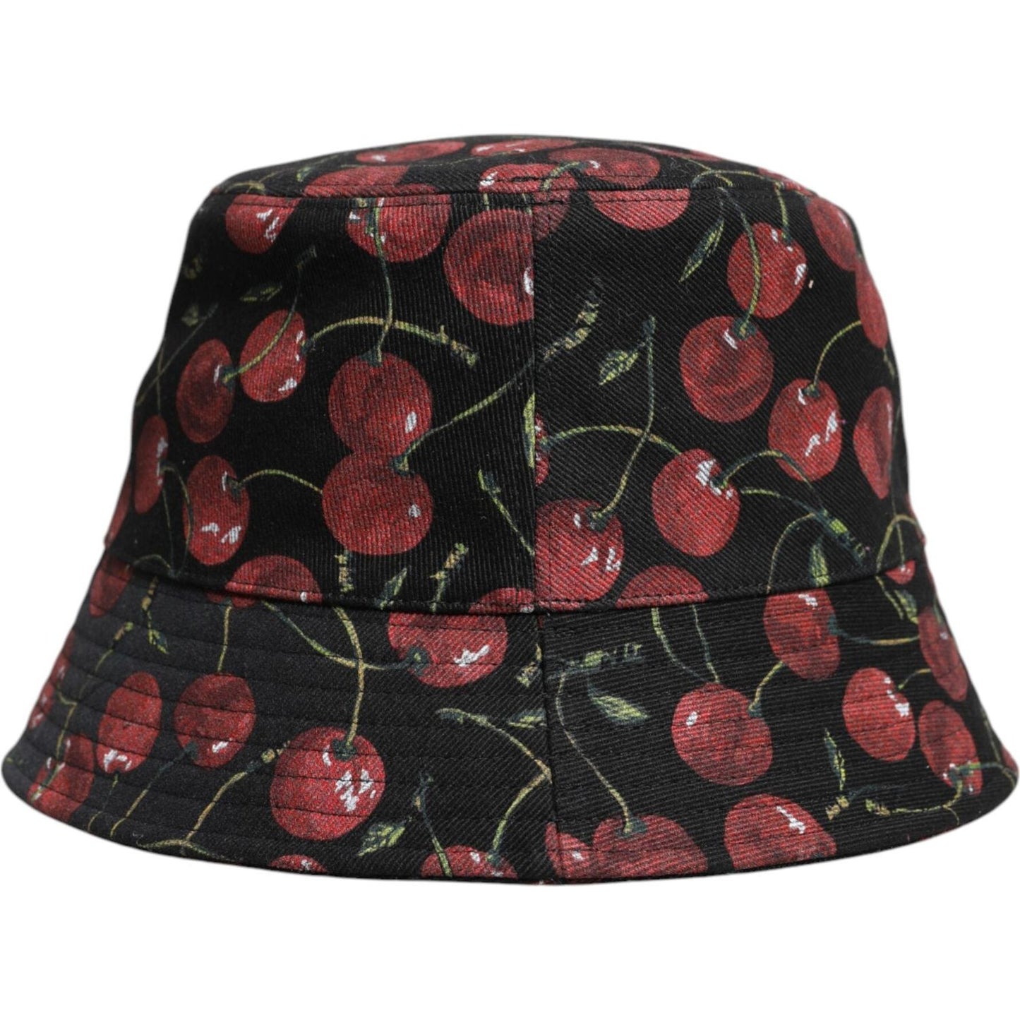 Dolce & Gabbana black cotton bucket hat with cherry print, wide brim, made in Italy