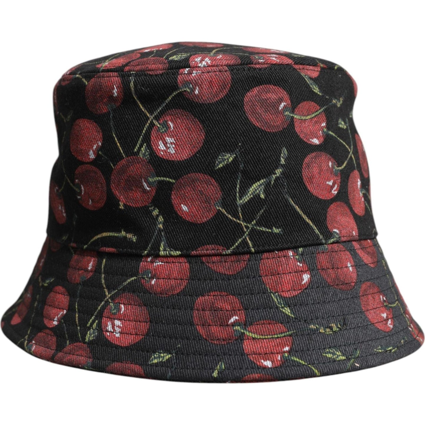 Dolce & Gabbana black bucket hat with red cherry print, 100% cotton, wide brim, logo details, made in Italy.