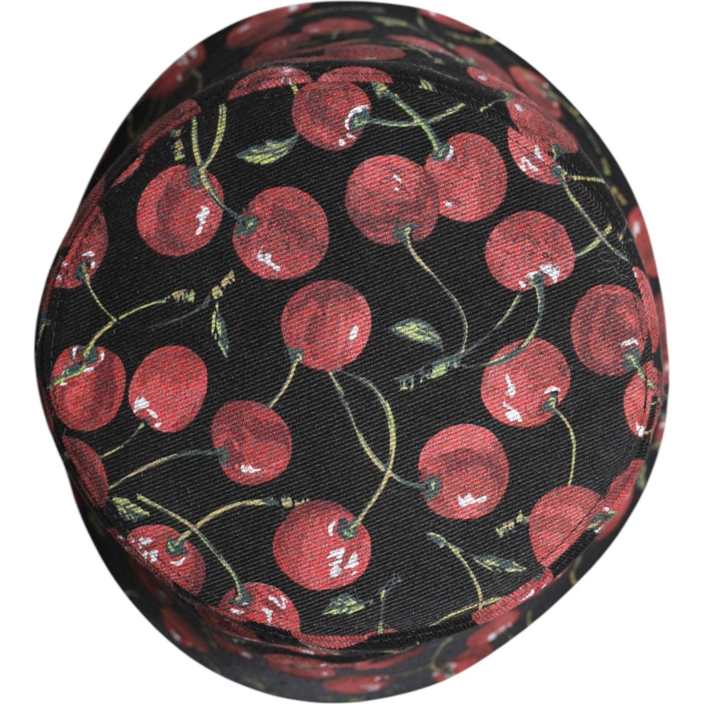 Dolce & Gabbana black cotton bucket hat with cherry print, wide brim, men’s fashion accessory, 100% authentic, made in Italy.