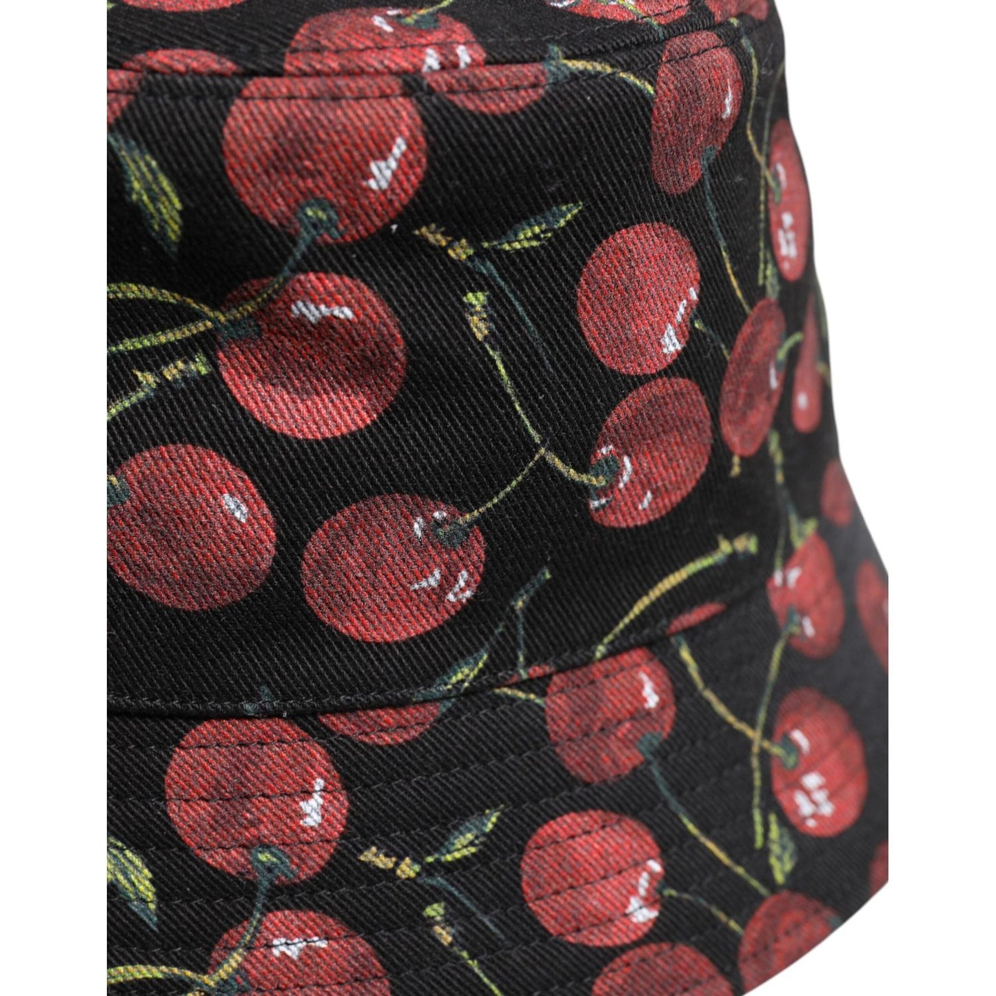 Dolce & Gabbana black cotton bucket hat with red cherry print, wide brim, men's fashion accessory.