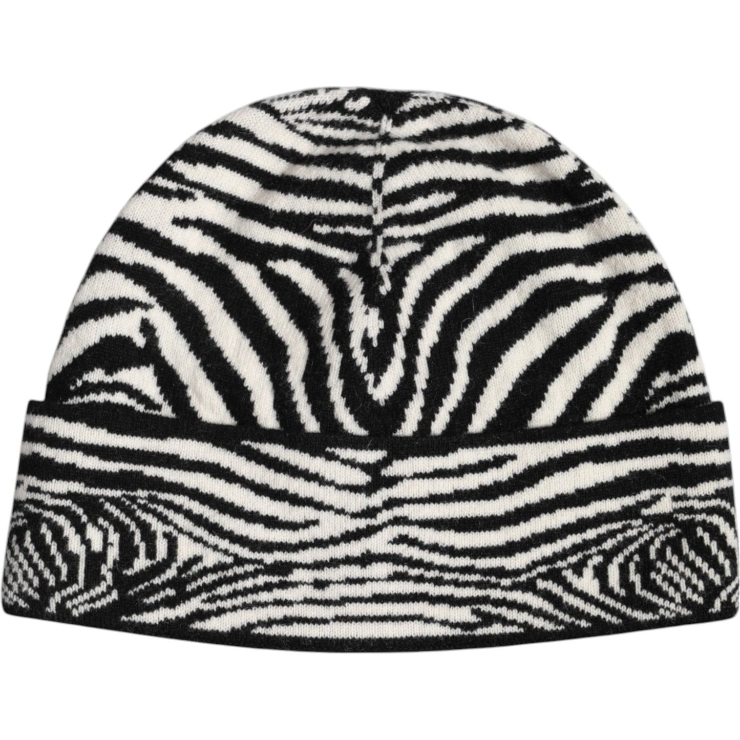 Dolce & Gabbana black and white zebra print winter beanie hat made of virgin wool and cashmere, showcasing Italian design and luxury.