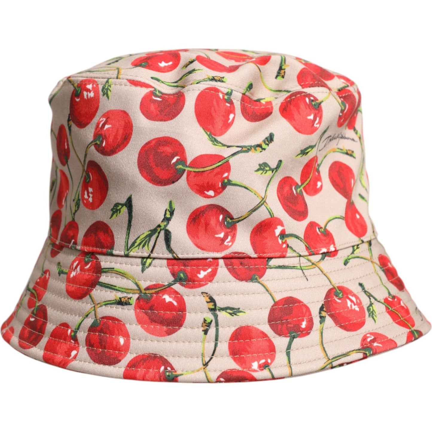 Dolce & Gabbana beige cotton bucket hat with cherry print, wide brim, and logo details, made in Italy, fashion accessory.