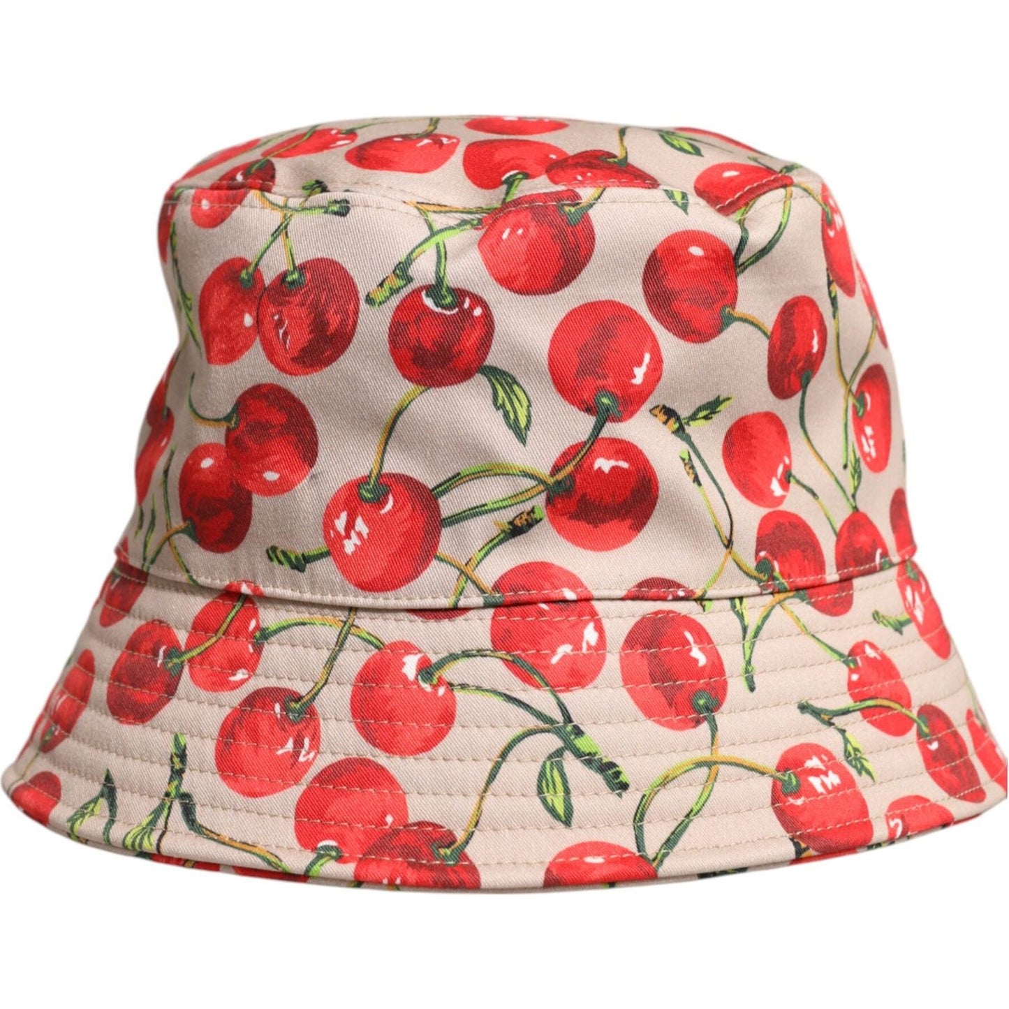 Dolce & Gabbana beige cotton bucket hat with cherry print, wide brim, made in Italy, men's fashion accessory.