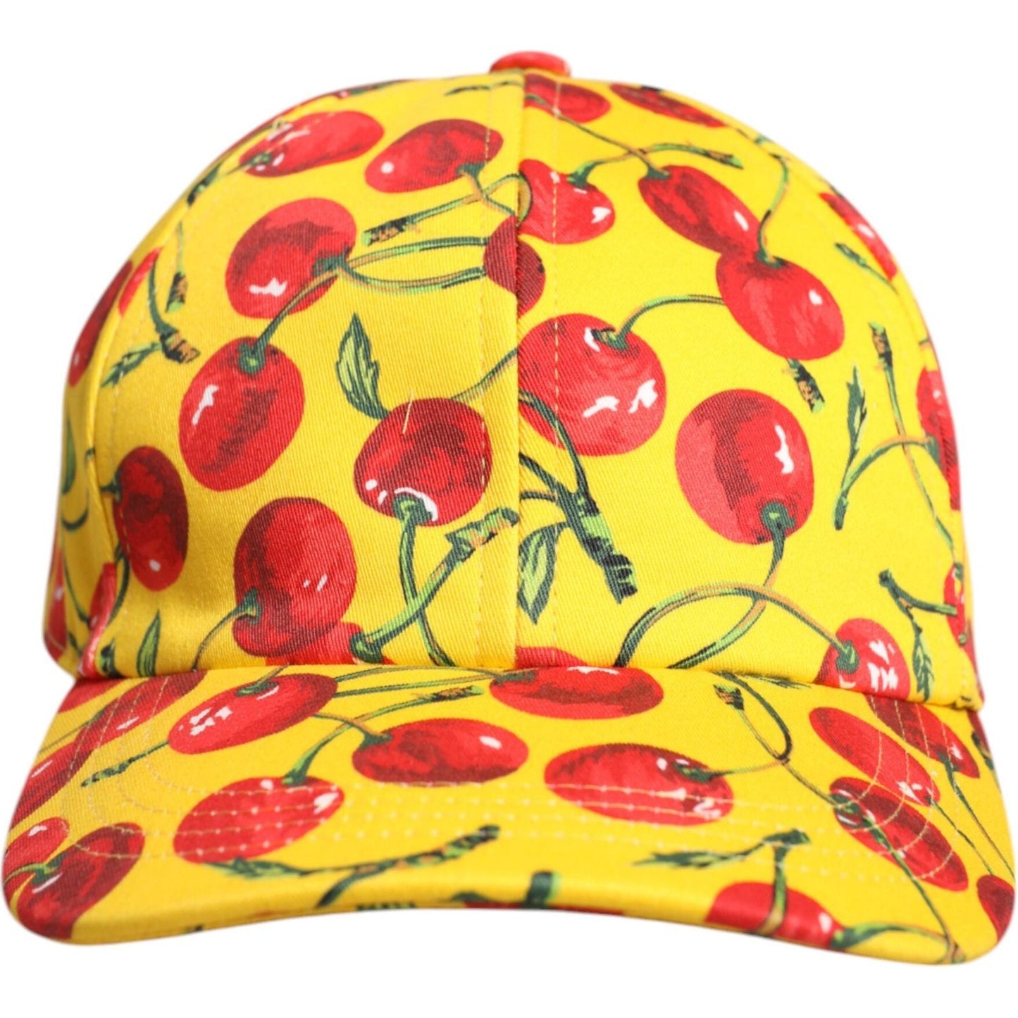 Dolce & Gabbana yellow baseball cap with cherry print, 100% cotton, men's fashion accessory, brand new with tags, made in Italy.