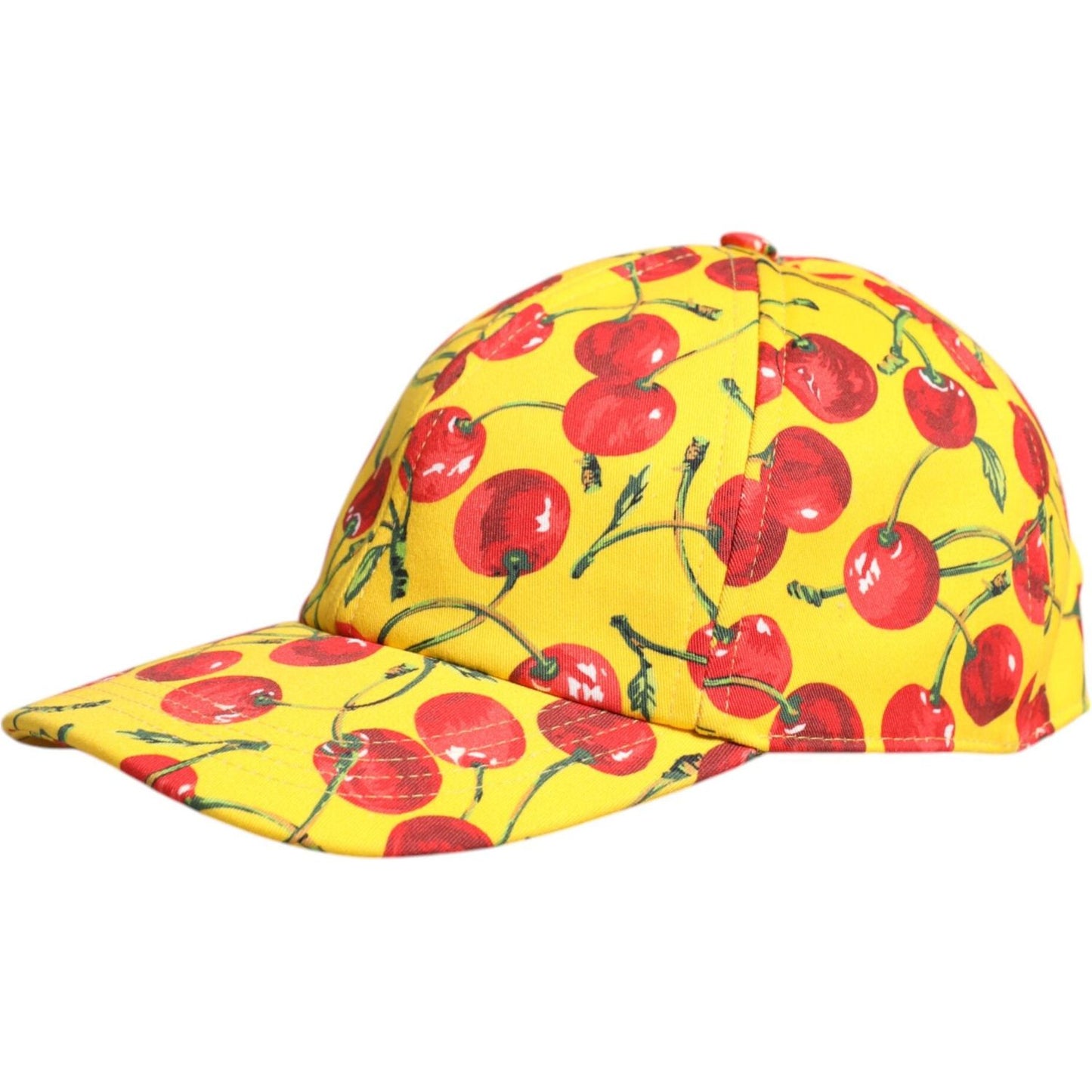 Dolce & Gabbana yellow baseball cap with cherry print, 100% cotton, made in Italy, luxury fashion accessory.