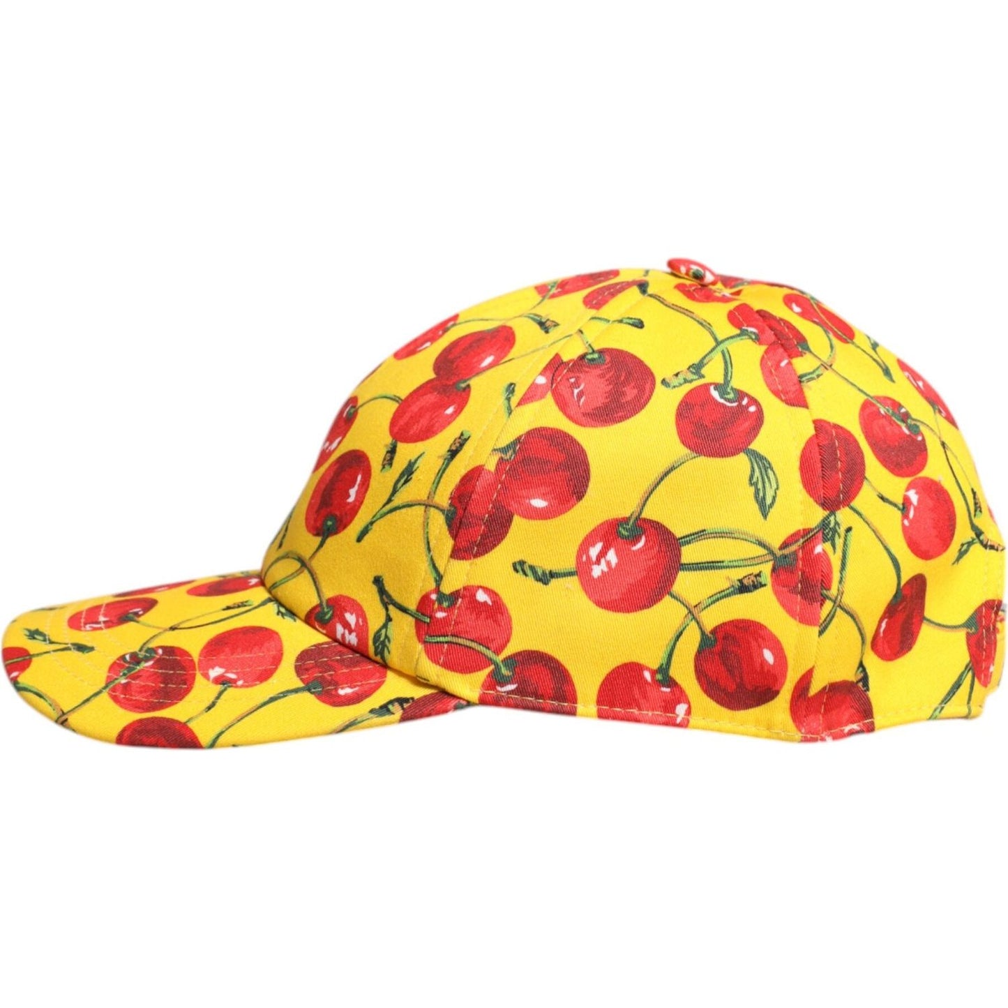 Dolce & Gabbana yellow cotton baseball cap with cherry print, 6-panel design, men's fashion accessory, made in Italy.