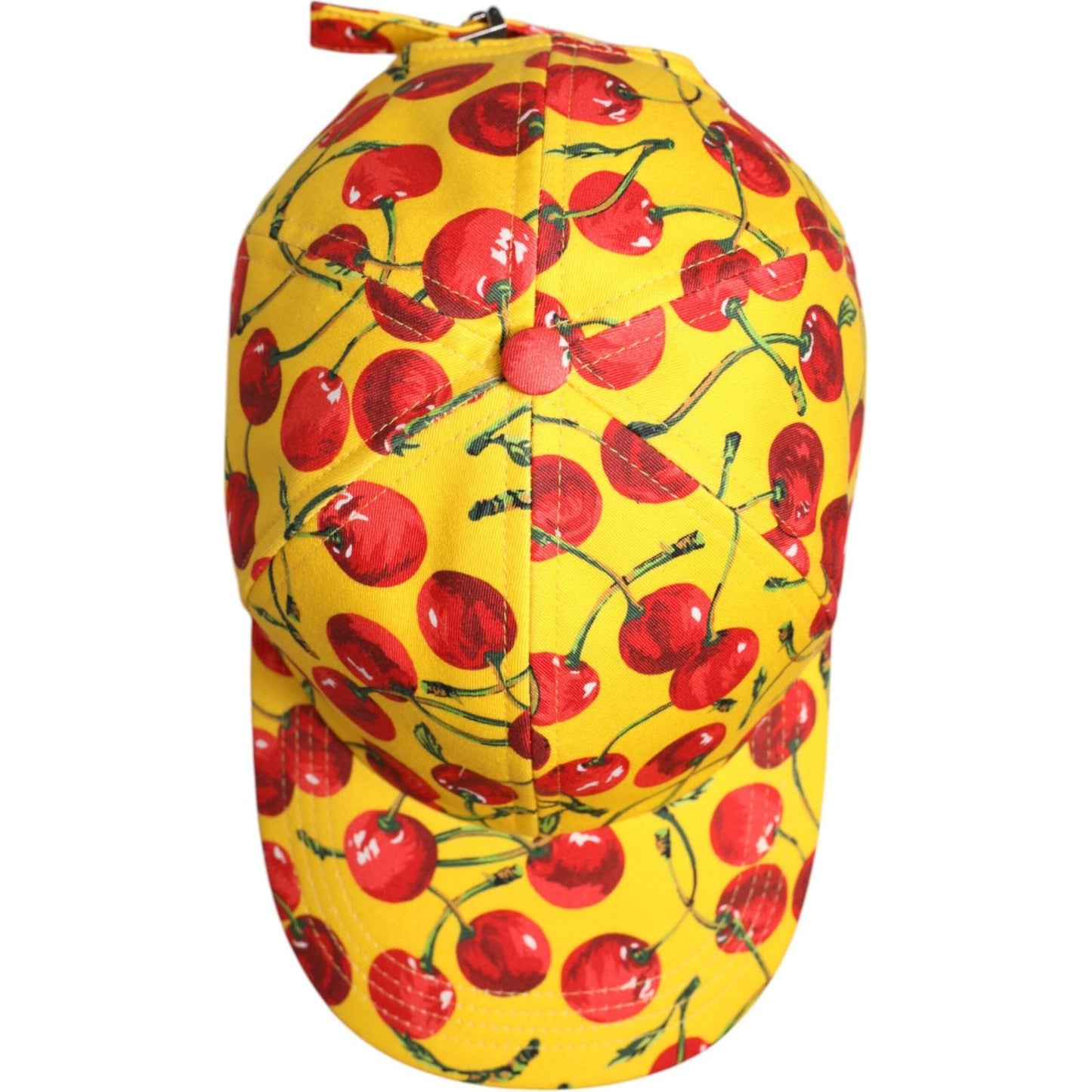 Dolce & Gabbana yellow cotton baseball cap with cherry print, 6 panels design, men's fashion accessory, made in Italy.