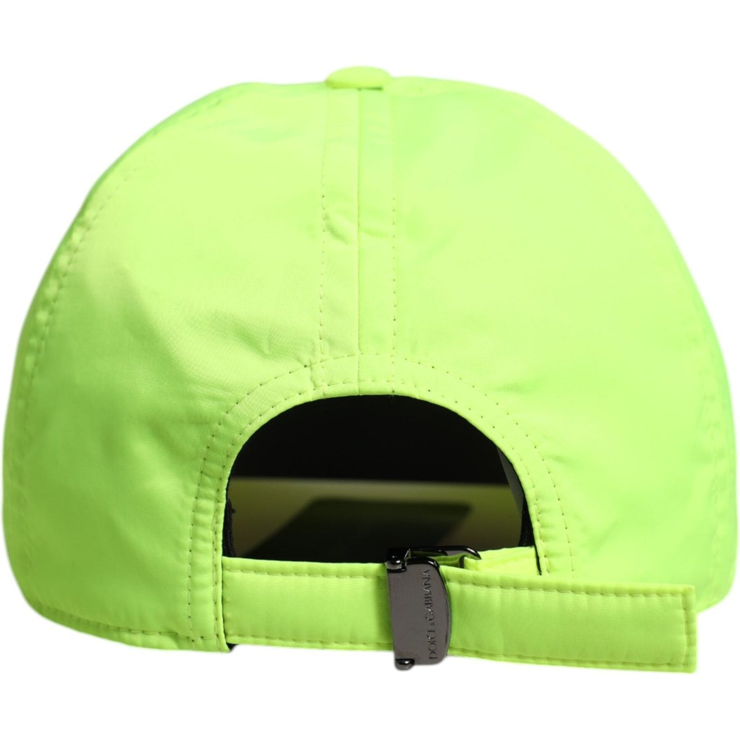 Back view of Dolce & Gabbana yellow green baseball cap with adjustable strap and DG logo detail, 100% polyester, made in Italy.