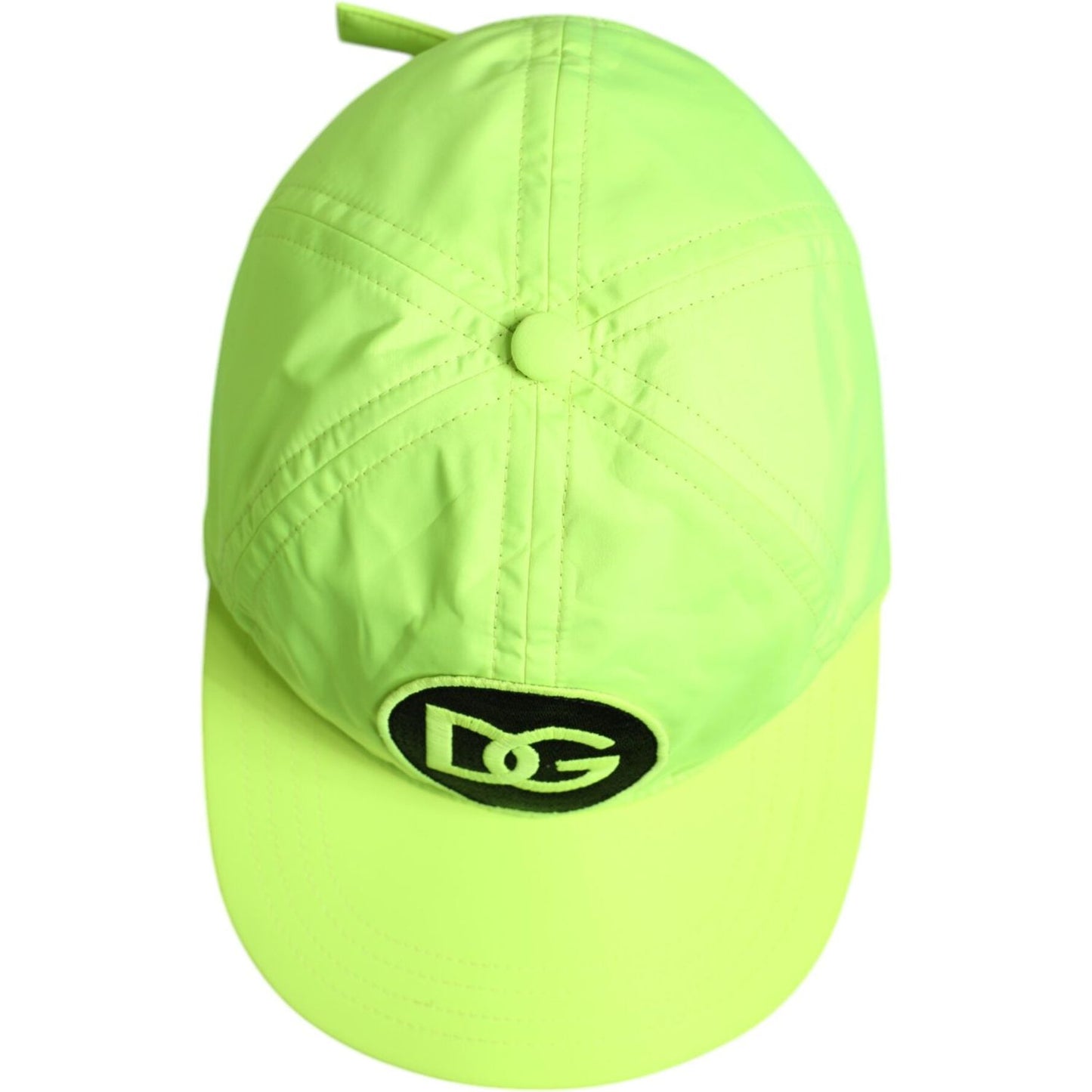 Dolce & Gabbana yellow green baseball cap featuring DG logo, six panels, made of polyester, perfect for men's fashion, made in Italy.