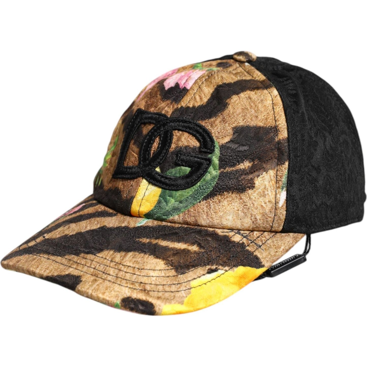 Dolce & Gabbana multicolor DG logo patch baseball cap with floral design, black accents, made of polyester, cotton, and silk.