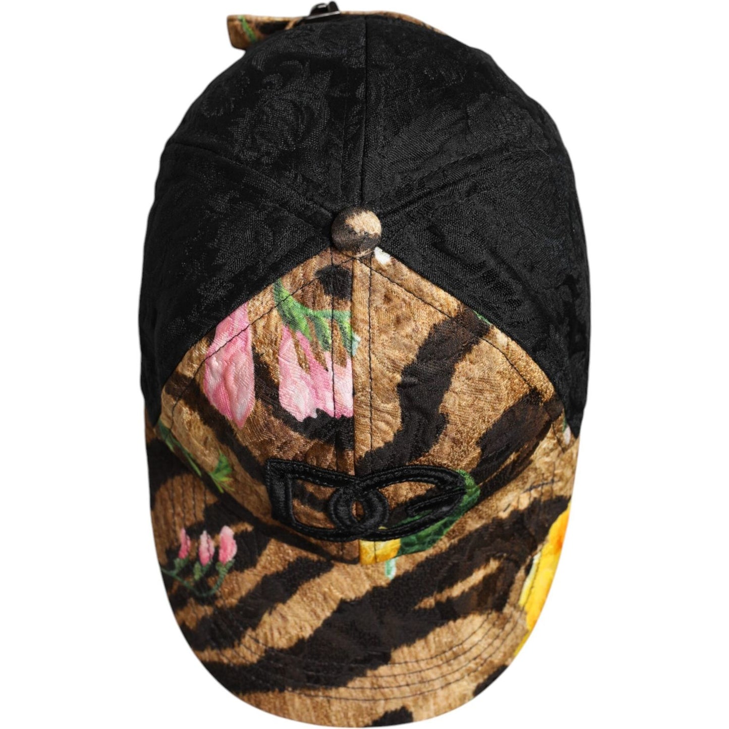 Dolce & Gabbana multicolor 6 panel baseball cap with DG logo patch, featuring a floral and tiger print design. Made in Italy.