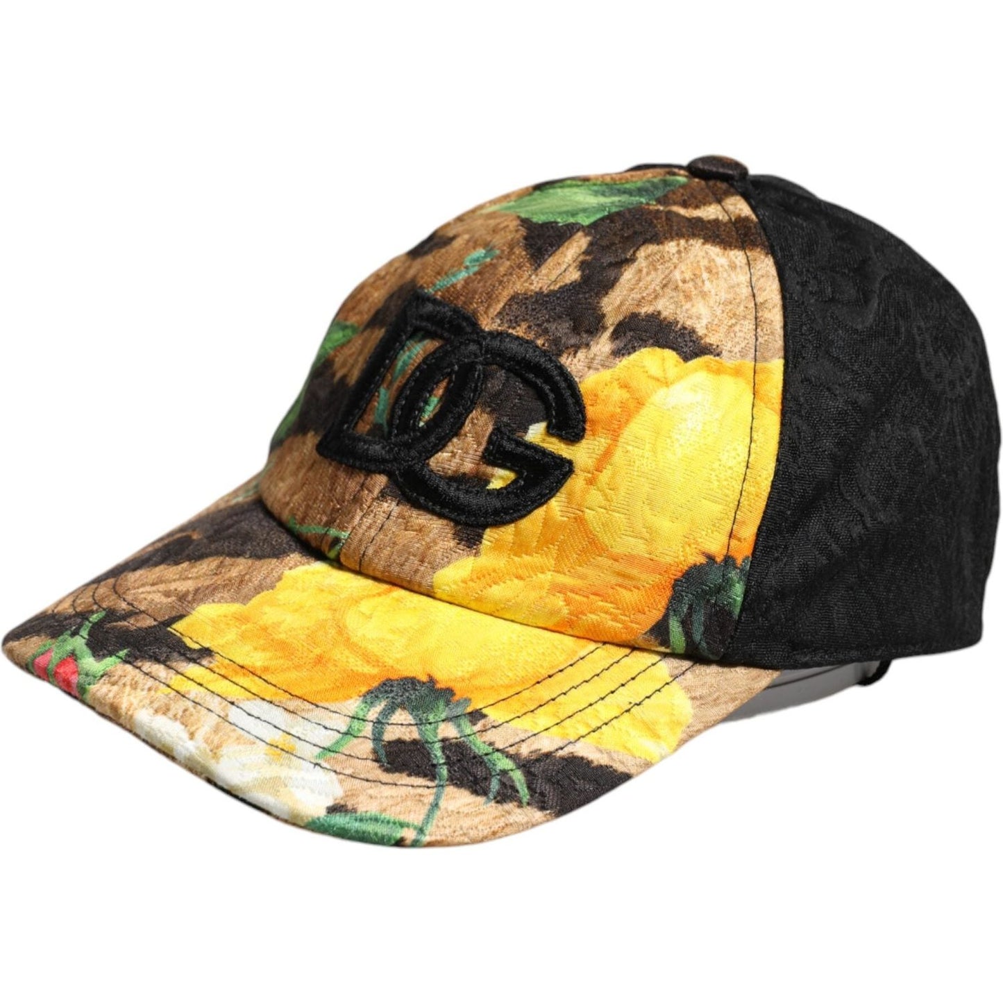 Dolce & Gabbana multicolor baseball cap with DG logo patch, yellow floral pattern, black panels, and adjustable strap.
