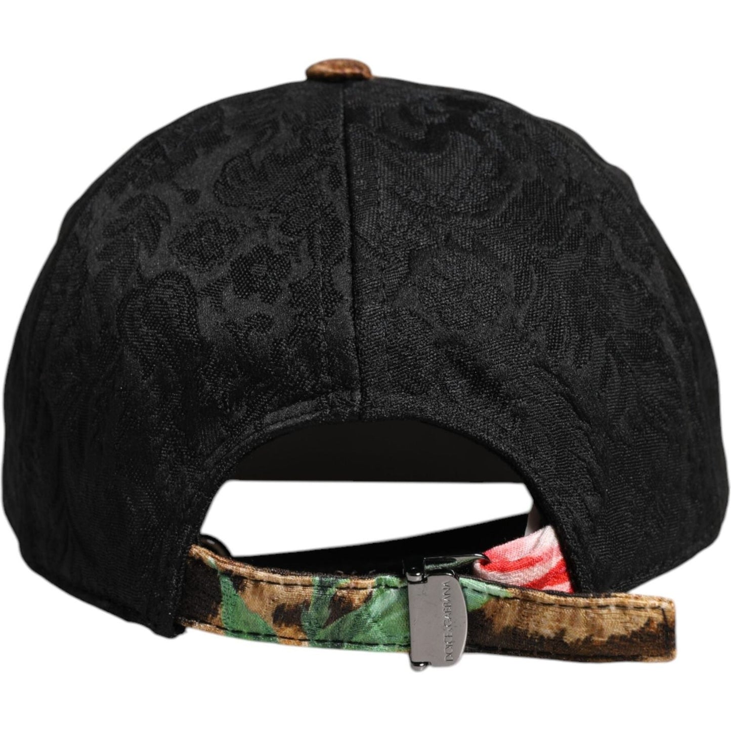 Back view of Dolce & Gabbana multicolor DG logo patch baseball cap with adjustable strap and floral pattern.