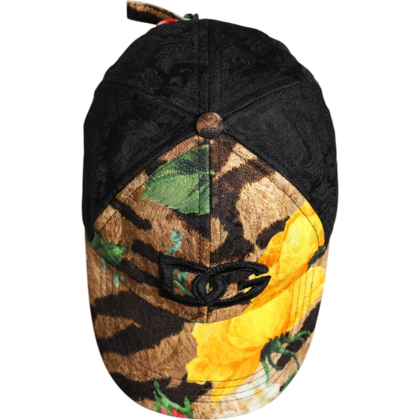Dolce & Gabbana multicolor DG logo baseball cap with floral and animal prints, made of polyester, cotton, viscose, acetate, and silk.