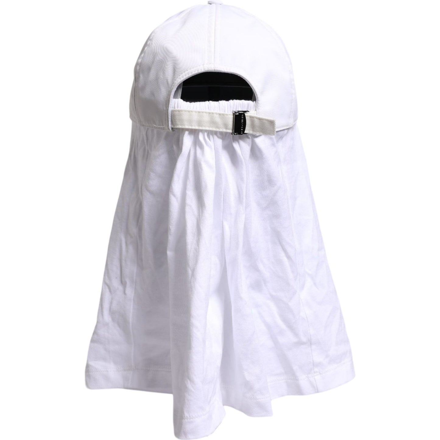 Back view of Dolce & Gabbana white cotton baseball balaclava cap with DG logo plaque, 100% cotton, made in Italy.