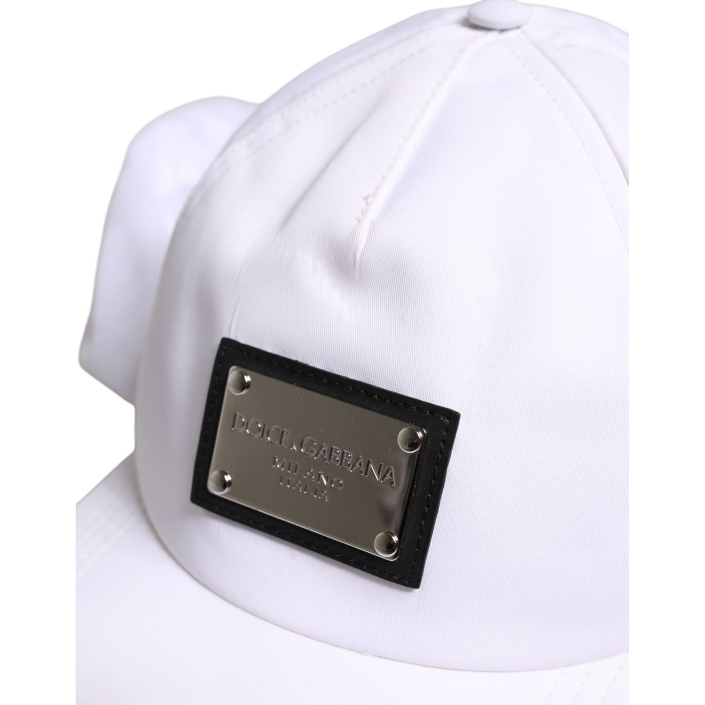 Dolce & Gabbana white cotton baseball cap with DG logo plaque, balaclava style, made in Italy, luxury designer headwear.