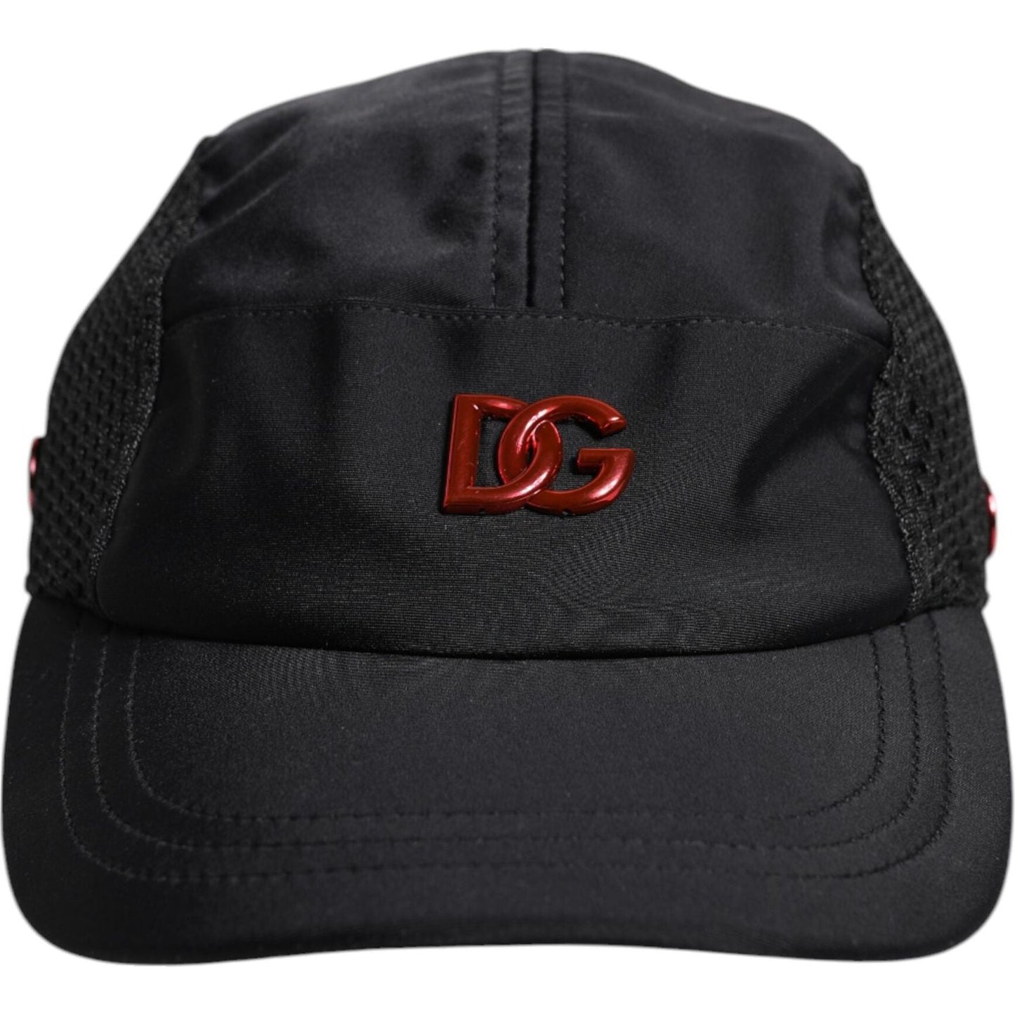 Dolce & Gabbana black nylon baseball cap with DG logo, 6-panel design. Made in Italy, features polyester and elastane blend.