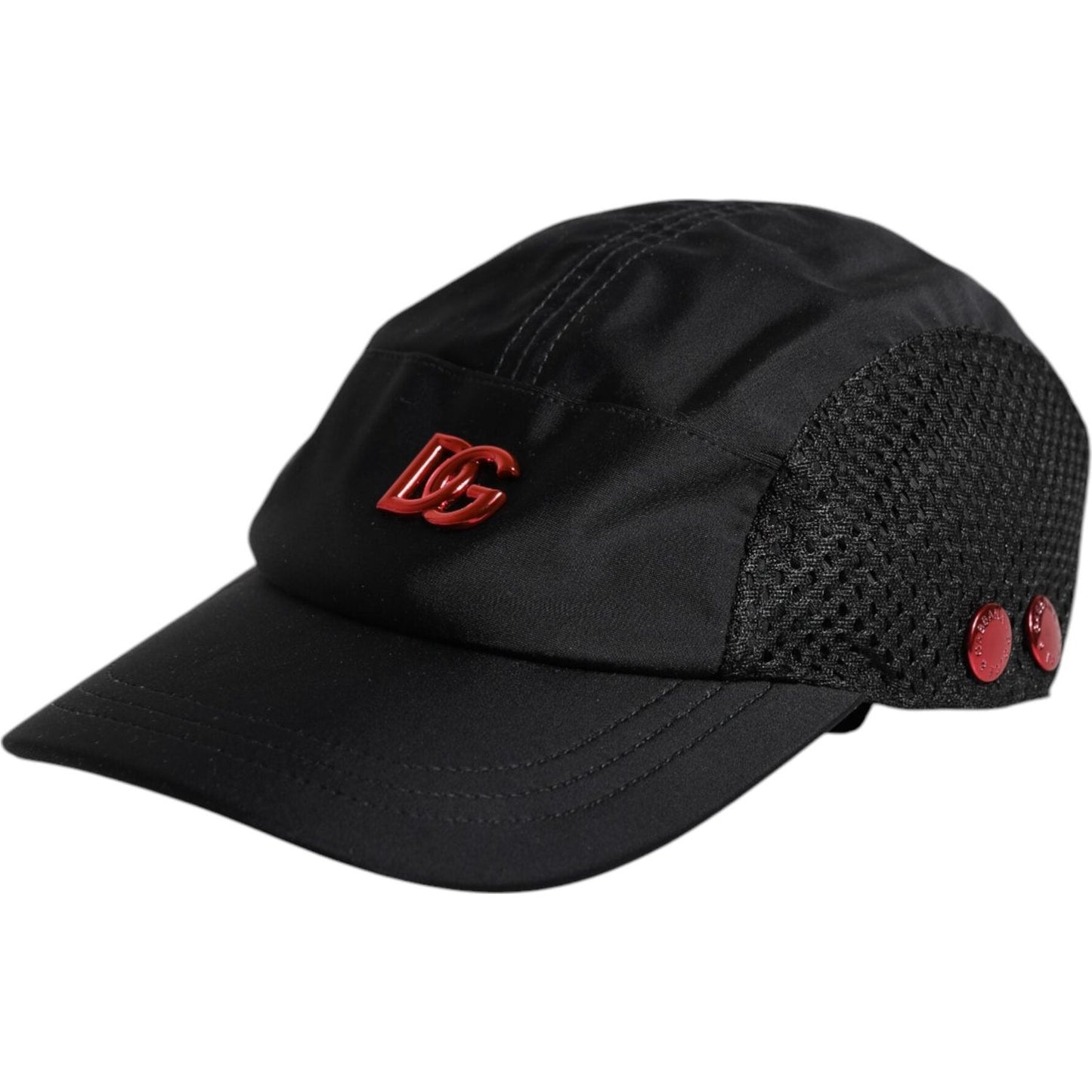 Dolce & Gabbana black nylon baseball cap with DG logo, six-panel design, made in Italy, featuring red details, new with tags.