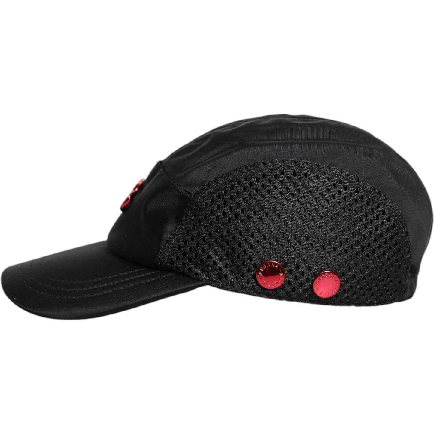 Dolce & Gabbana black nylon baseball cap with DG logo, six-panel design, and red button details, made in Italy. Lightweight and stylish.