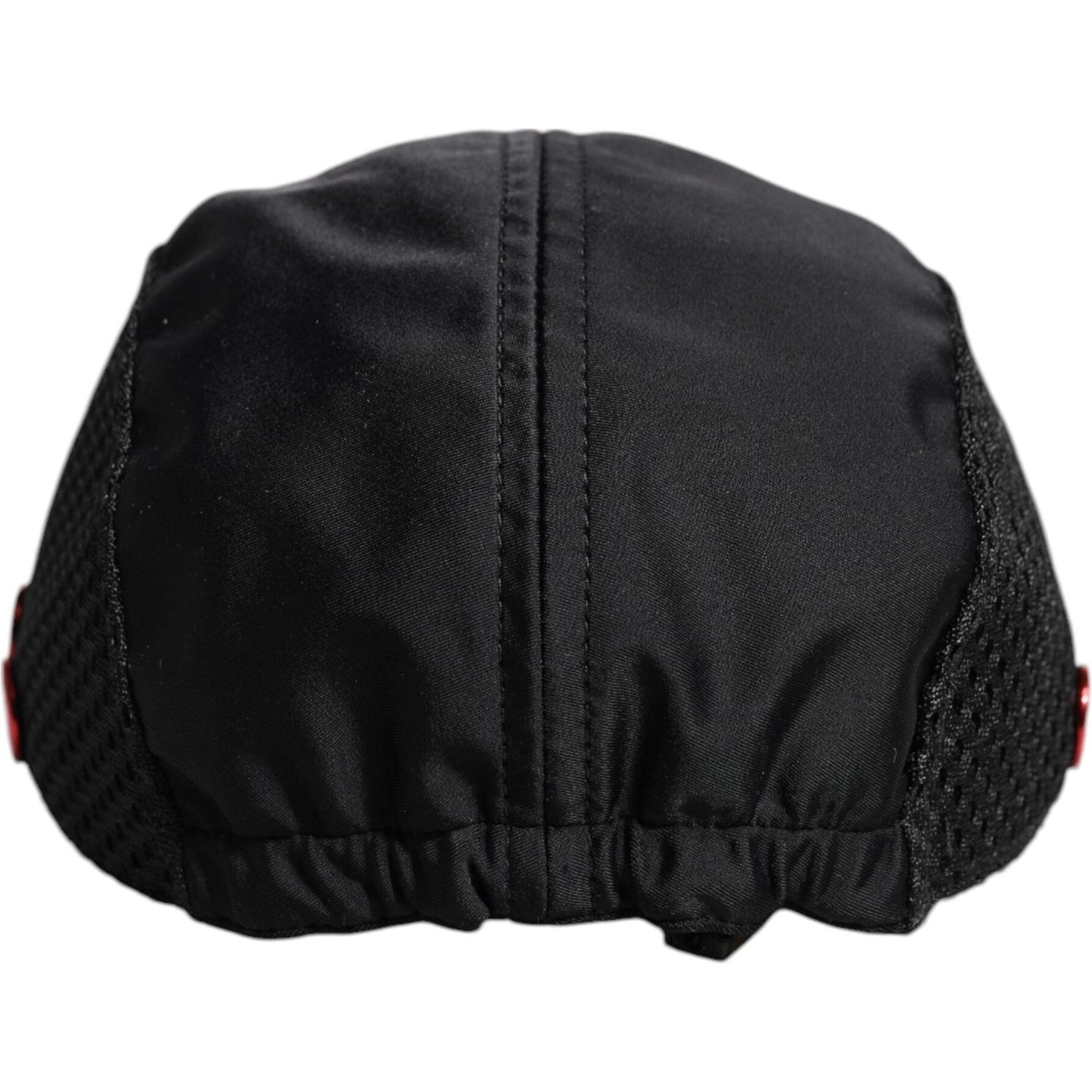 Back view of a Dolce & Gabbana black nylon DG logo baseball cap showcasing stitching and mesh details, made in Italy.