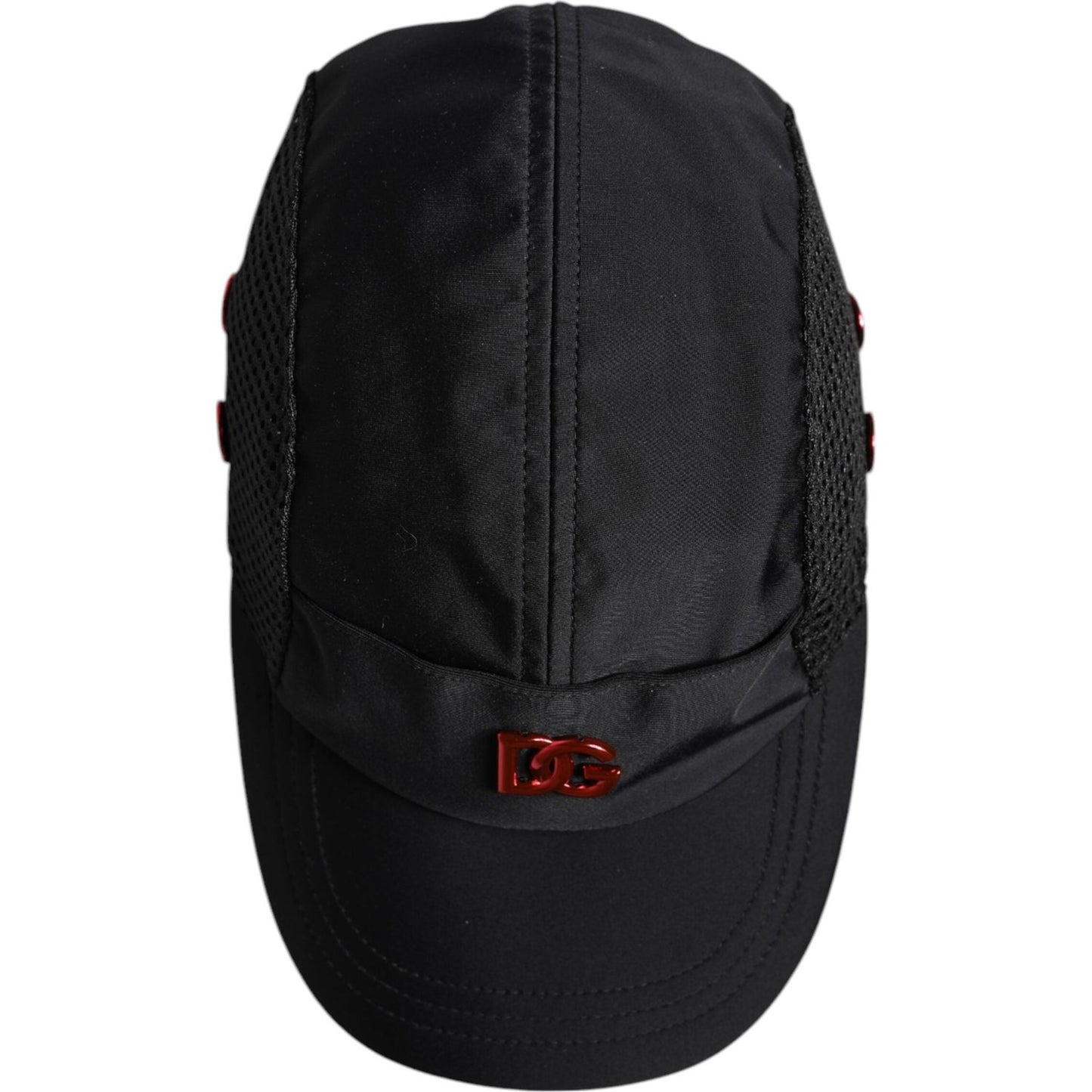 Dolce & Gabbana black nylon baseball cap with DG logo, featuring six panels, designed for men, made in Italy.