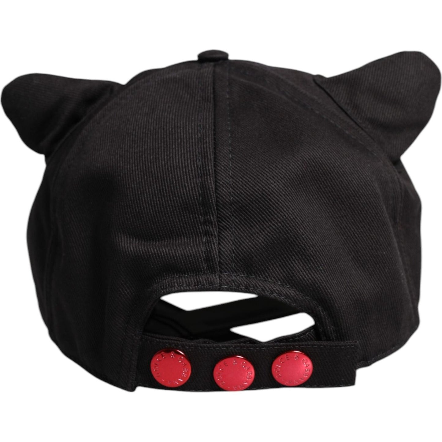 Back view of Dolce & Gabbana black cotton baseball cap with red button details and cat ear design, 100% authentic Italian made.