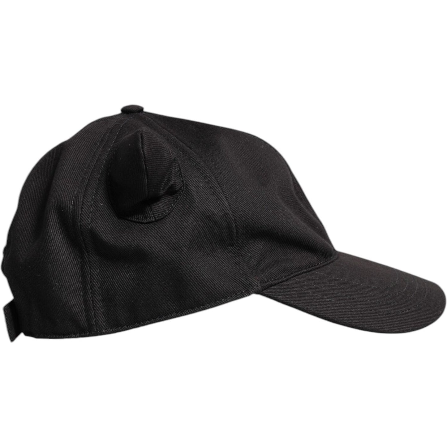 Black Dolce & Gabbana men's baseball cap with logo patch, 100% cotton, made in Italy, side view.