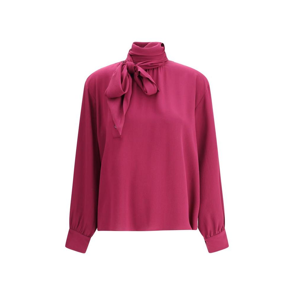 Prada silk blouse with long sleeves, self-tie sash collar, off-center button closure, adjustable cuffs, and a stylish loose fit in elegant design.