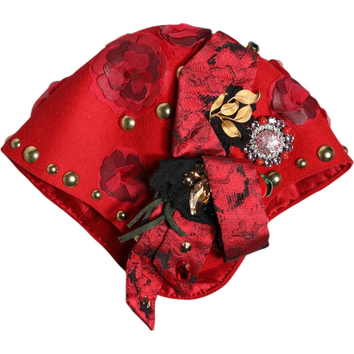 Dolce & Gabbana red cloche hat with crystal gold rose brooch, featuring multicolor floral embellishments and stud details.