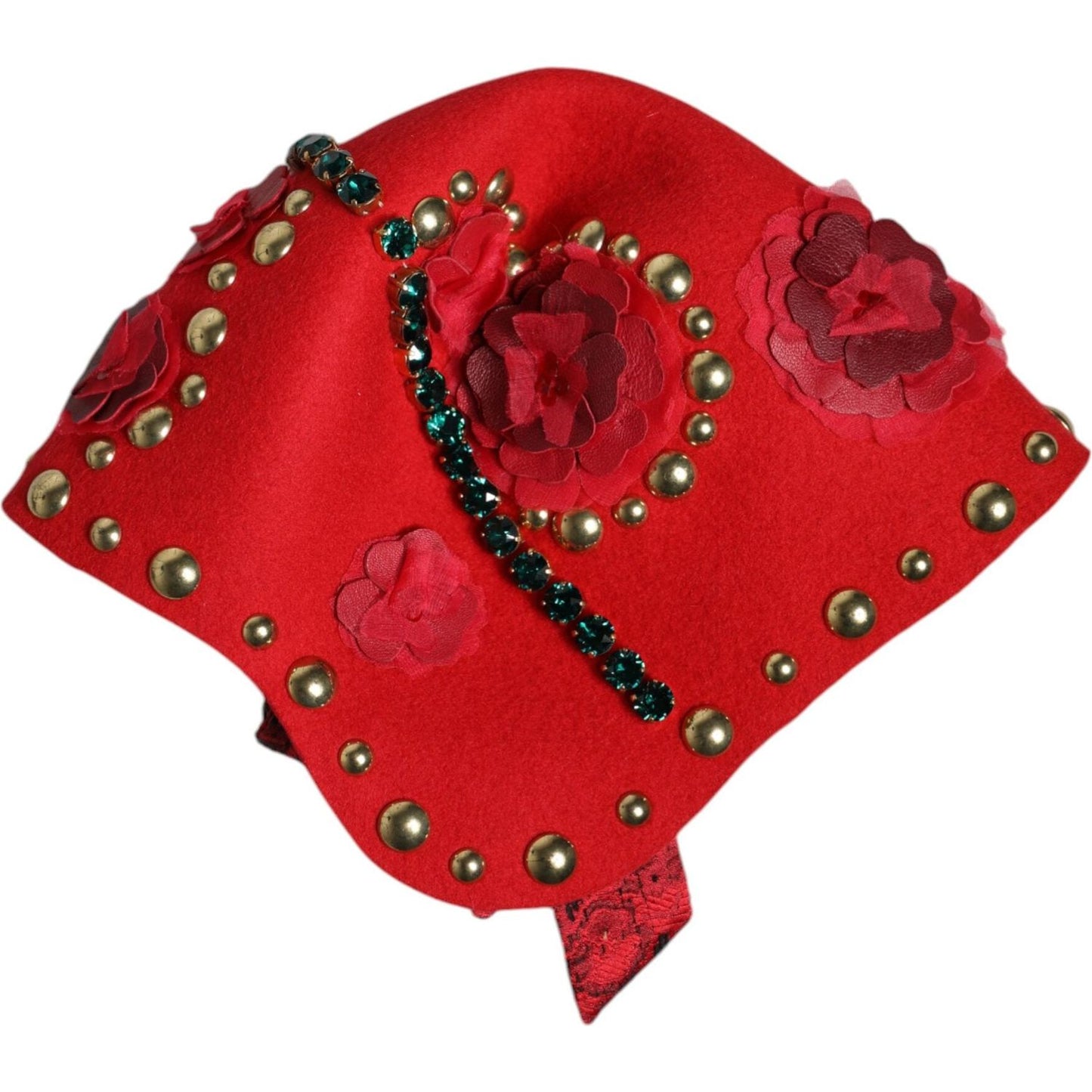 Dolce & Gabbana red cloche hat with gold roses, crystals, wool blend fabric, and silk lining. Preowned luxury women's accessory.