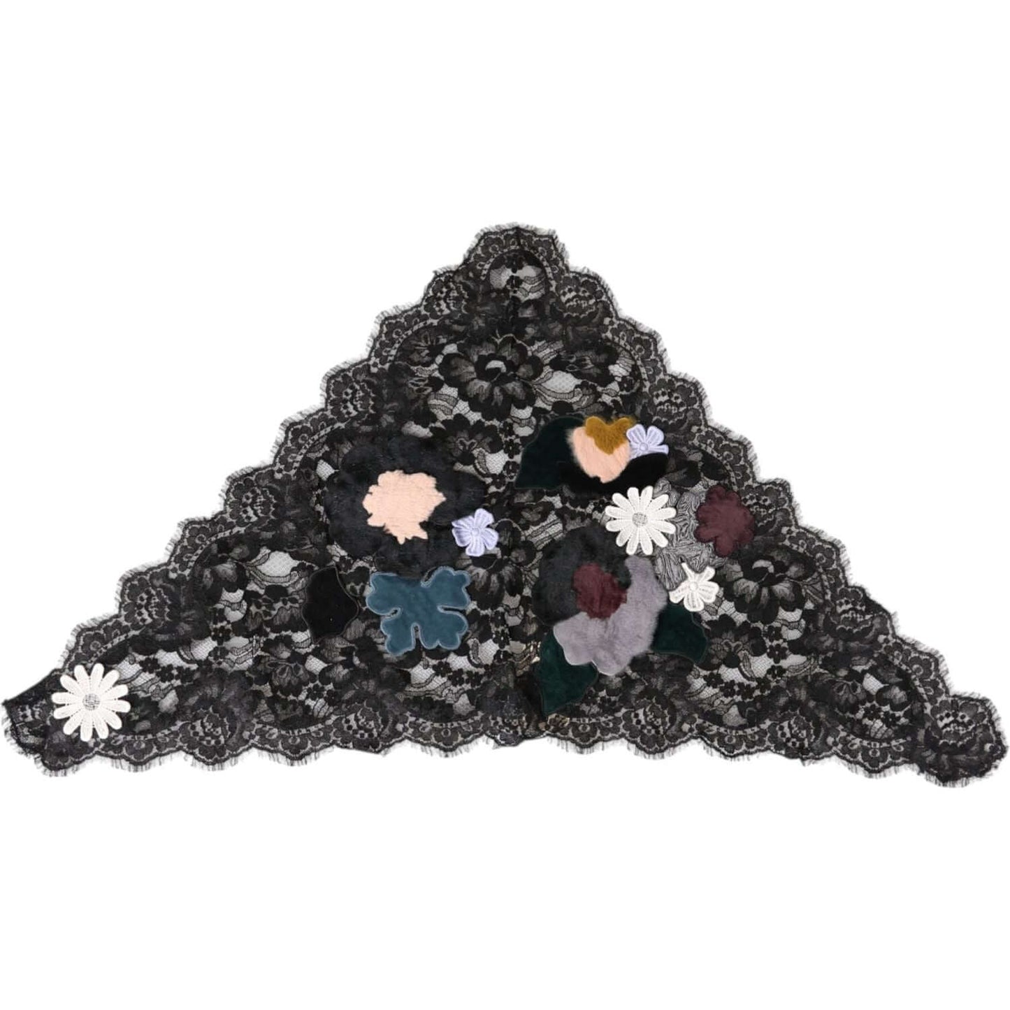 Dolce & Gabbana black lace floral applique cotton veil hat featuring intricate flower details in a triangular design.