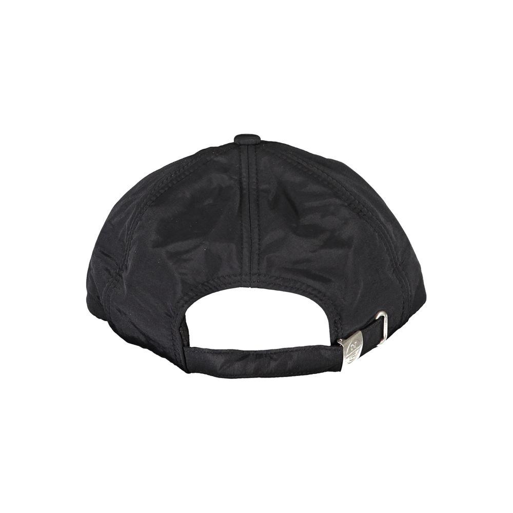 Back view of North Sails black nylon hat with adjustable strap, showcasing recycled fibers and logo detail.