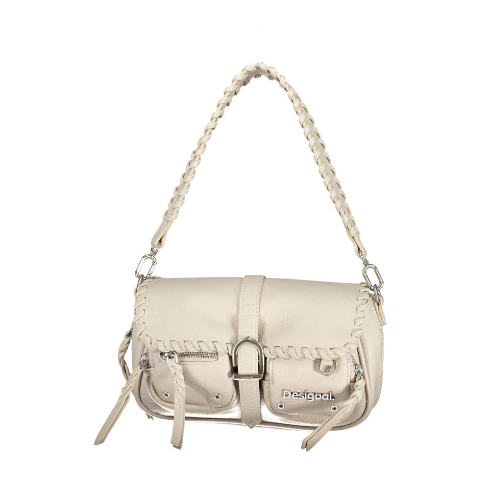 Desigual white polyethylene handbag with braided handle, adjustable strap, external pockets, and contrast details, featuring logo.
