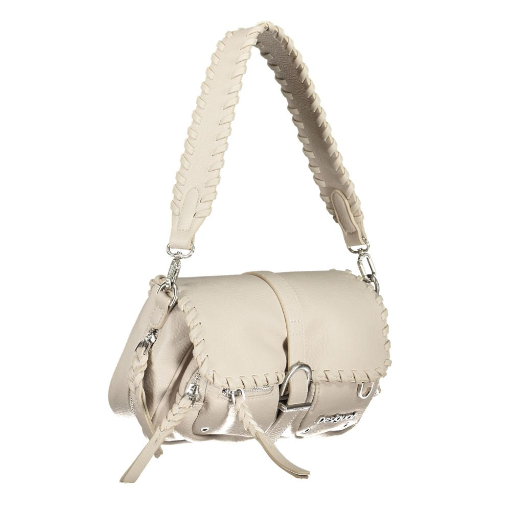 Desigual white polyethylene handbag with removable handle, adjustable strap, external pockets, and buckle closure, featuring logo.