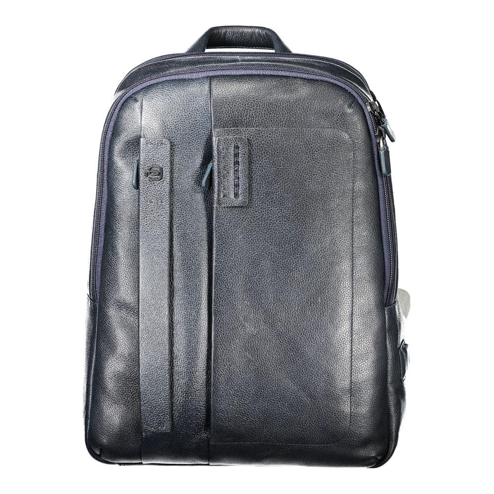 Piquadro Blue Leather Men Backpack with handle and adjustable straps, showcasing premium craftsmanship and sophisticated style.