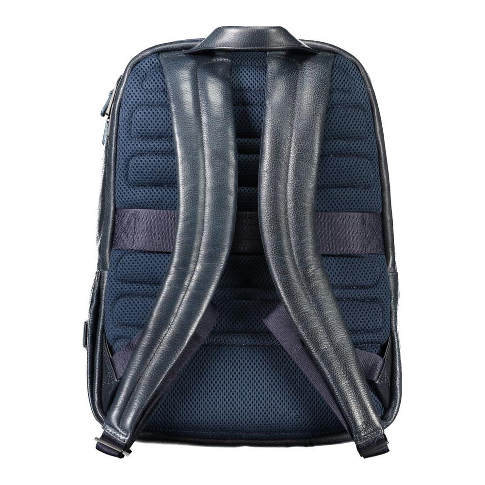 Back view of Piquadro blue leather men's backpack with adjustable shoulder straps, showcasing premium craftsmanship and comfortable design.
