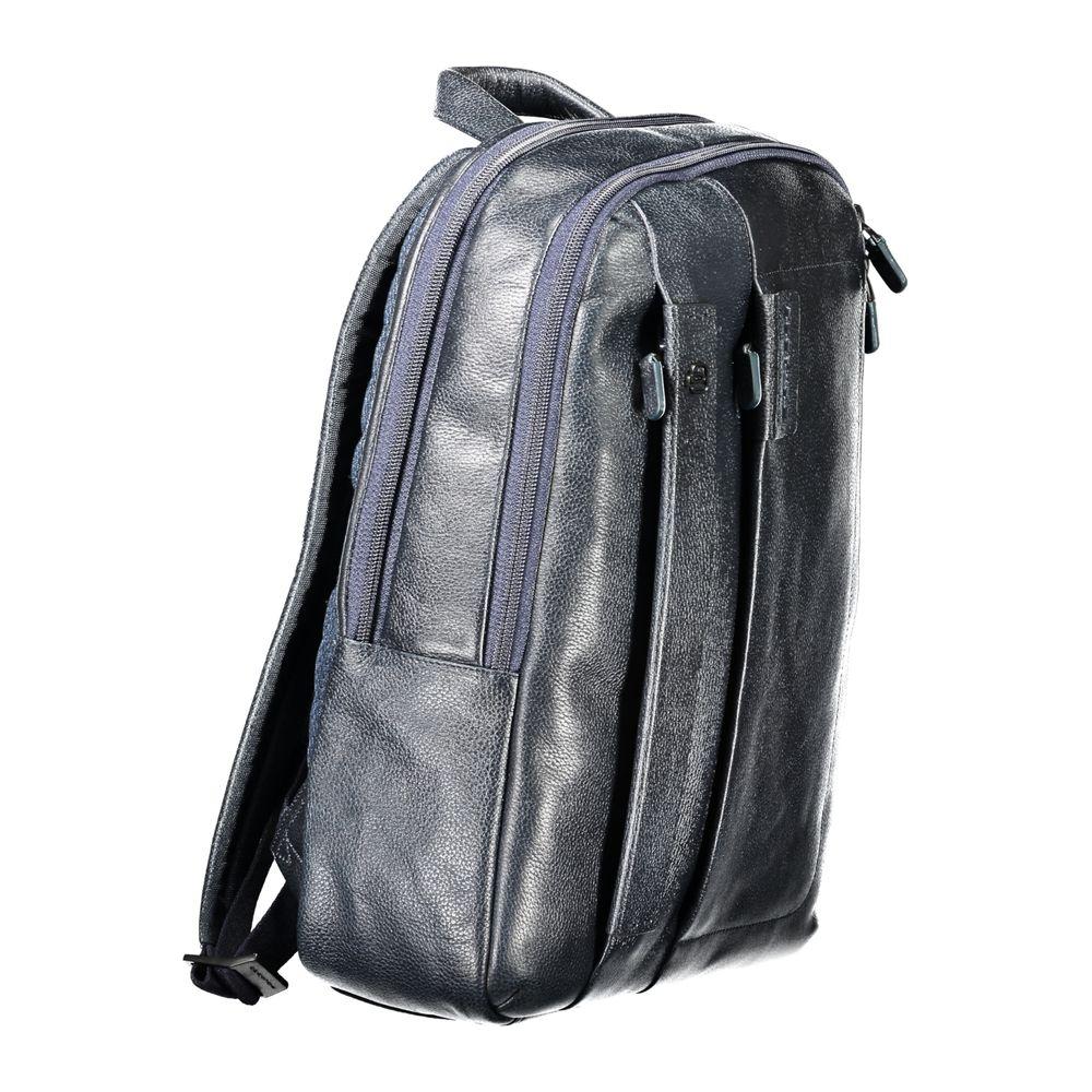 Piquadro blue leather men's backpack with sleek design, single handle, and adjustable straps, ideal for a sophisticated lifestyle.