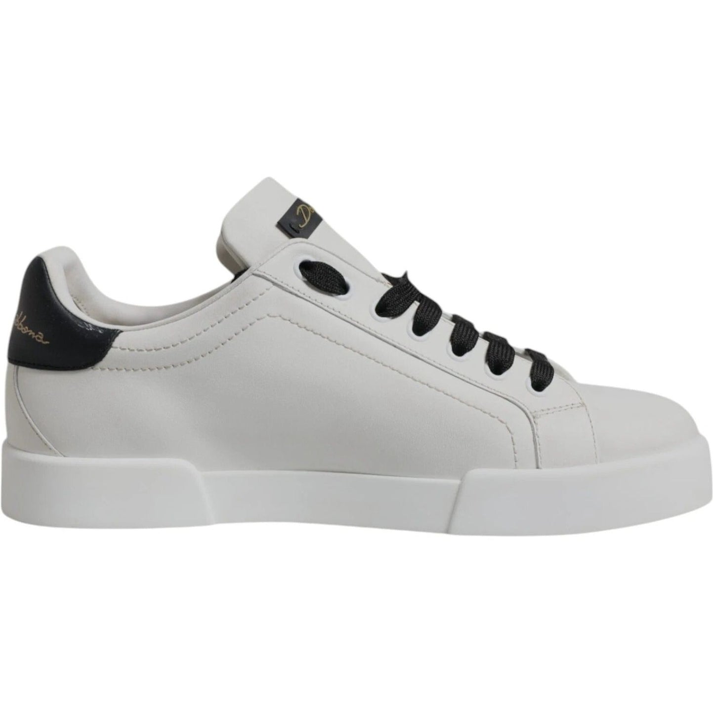 Dolce & Gabbana white leather low-top sneaker with lace-up closure and black details, featuring a logo on the side.