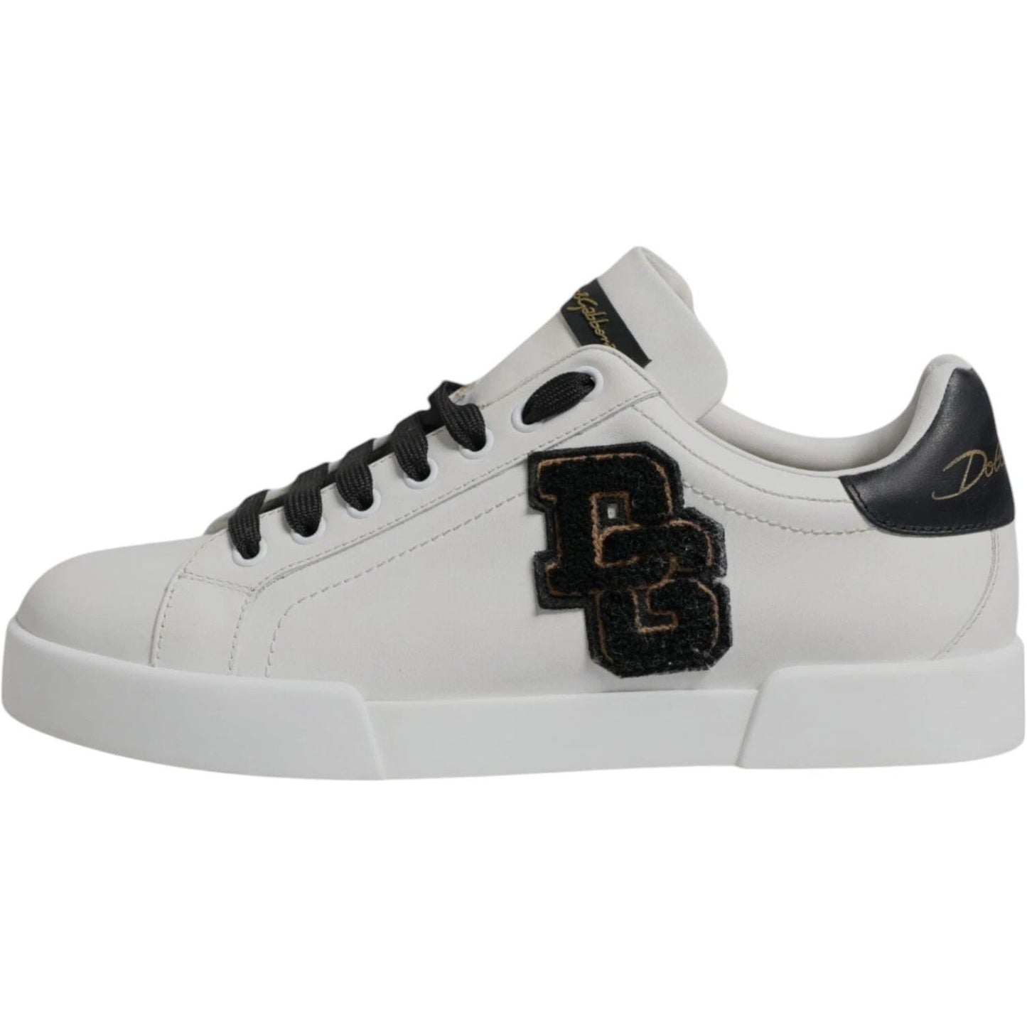 Dolce & Gabbana white leather low top sneakers with DG logo, black laces, and rubber sole, lightly worn condition.